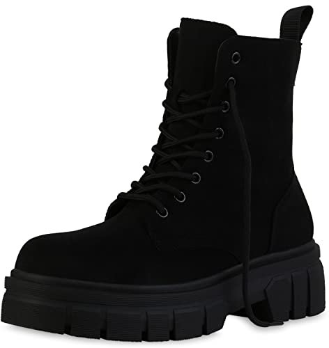 VAN HILL Damen Stiefeletten Plateau Boots Blockabsatz Schuhe Freizeit Stiefel Profilsohle Booties Plateauschuhe 210036 Schwarz Velours 37