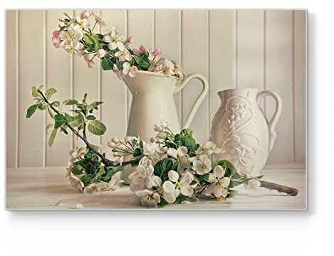 DEQORI Schneidebrett aus Glas | groß 30x20 cm | Motiv Apfelblüten im Krug | Design Schneideplatte für Küche | Frühstücksbrett antibakteriell & rutschfest | Glasplatte & Servierplatte