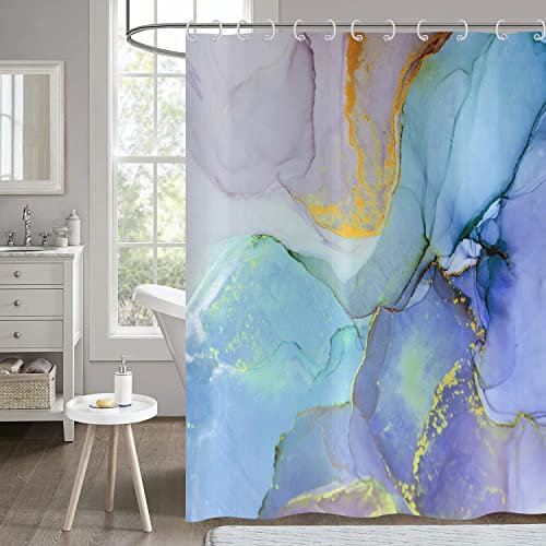 Hnmdmyi Rideau de Douche marbre 180x180, Bleu Sarcelle Violet Or Scintillant Rideau de Bain Moderne Luxe Ombre Cristal Texture Encre Art imperméable Tissu Lavable Rideau de Bain avec Crochets