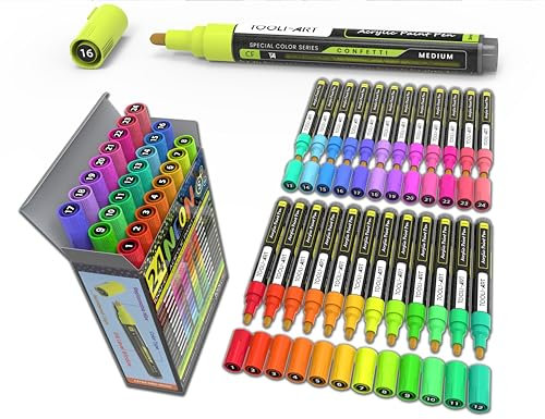 24 Neon Fluorescent Acrylic Paint Pens Medium Special Colour Series Markers Set 3mm Tip, Rock Painting, Glass, Mugs, Wood, Metal, Canvas, DIY Projects, Detailing. Non Toxic, Waterbased, Quick Drying