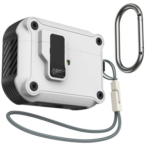 SURPHY Armor Hülle für AirPods Pro 2 Hülle (2022) mit Öffnen-Schaltfläche & Karabiner Schnur, Hülle AirPods Pro 2 Case Schutzhülle 360 Grad Voller Schutz [Front LED Sichtbar], Schloss Weiß