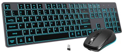 POWZAN Teclado y mouse inalámbricos retroiluminados, combo de teclado inalámbrico silencioso recargable, mouse Jiggle, teclado USB inalámbrico de 2.4 G, tamaño completo para Apple iMac, MacBook,