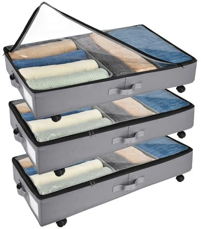 Xtsuen 3 unidades de almacenamiento para debajo de la cama, con ruedas, rotación de 360° y marco de metal, plegable, gran capacidad, tela no tejida, bolsa de almacenamiento para ropa, zapatos y mantas