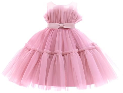 Miipat Bambino Abitini Tulle Senza Maniche Bambina di Fiori Vestito per Feste Compleanno Matrimoni Bambine Ragazze Principessa Vestiti Rosa Cipria 120 5-6 Anni