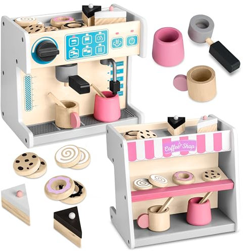 Ricokids Holzkaffeemaschine Café Patisserie - Holzspielzeug 2in1 Kompakt - Holzspielzeug für Kleinkinder, Spielküche, Zubehör - Geschenk für Jungen und Mädchen - Weiß - 26 x 18,5 x 24 cm