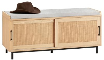 SoBuy Schuhbank mit Sitzfläche & Schiebetüren 110x49x40cm für Flur | Sitzbank mit PVC-Rattan-Schiebetüren, MDF/PB E1, Belastbarkeit 227kg, industrieller Look, natur FSR154-N