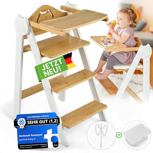 *Einführungspreis* Kinderhochstuhl & Sitzstuhl ab 6 Monaten aus Bambus, klappbar, mit 5-Punkt-Gurt, Sitzkissen inklusive, höhenoptimiert für deutsche Tische, nachhaltig & sicher