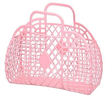 ViLLex Kunststoff-Gemüsekorb Einkaufskorb, Mit Griff, Gelee-Kunststoff-Mesh-Tasche, Retro-Mädchen-Strandkorb-Einkaufstasche, Für Frauen, Toller Urlaub, Einkaufen, Reisen (Rosa)