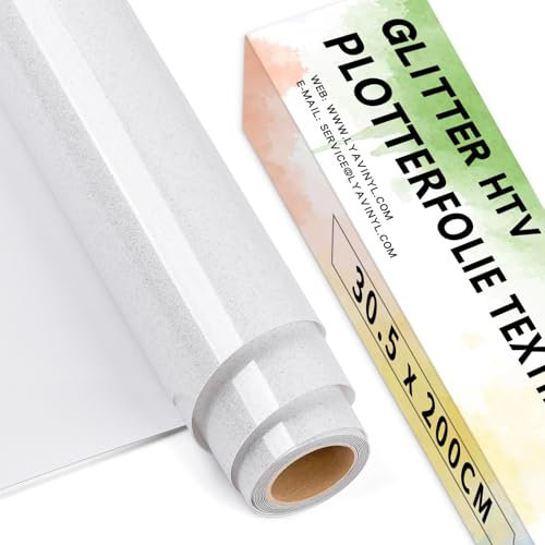 Lya Vinyl Glitzer Plotterfolie Textil, 30,5 cm x 200 cm Weiß Flexfolie Plotter Textil für Cricut, Silhouette Cameo, Transferfolie zum Aufbügeln für DIY Stoffe und Shirt Plotter zubehör