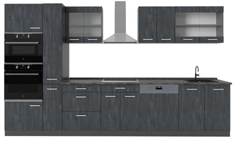 Vicco Küchenzeile R-Line, Schwarz Beton/Anthrazit, 350 cm, AP Anthrazit