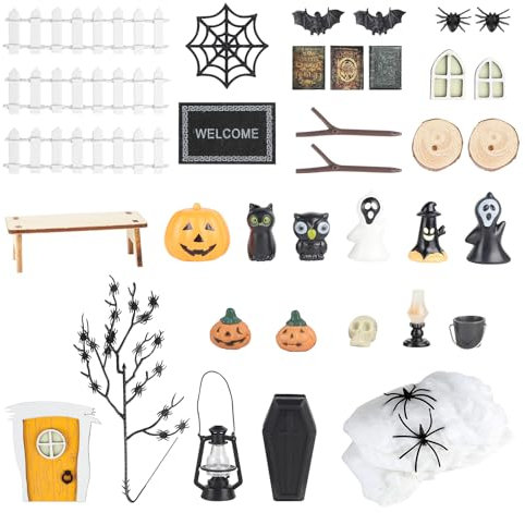 CPROSP 33 Stück Puppenhaus Halloween Dekoration, Miniatur gelb Holz Wichteltür Komplettset, Halloween Party Deko Zubehör Garten Thema mit Kürbis-Elfe, Geist, Spinne, Fledermäuse, Skelette, Elfentor