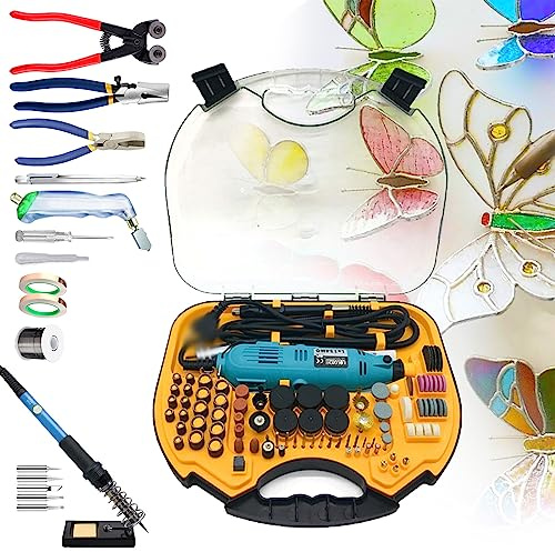JKJZSALJ Stained Glass Kit,Mosaic And Stained Glass Starter Kit,With Mini Electric Engraving Pen Set&Glass Cutter Tool Kit&Soldering Iron Kit&Copper Foil Tape&Solder Wire&Glasses