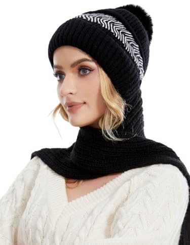 Knuffnee Damen Winter Warme Mütze Winddichter Kapuzenschal Weiche Strickmütze Fleece Gefüttert Mütze Schal 2 in 1 Schwarz