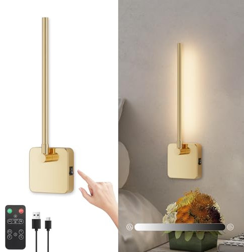 Klighten Led Applique murale Intérieur avec Batterie Sans Fil, 3W 3000K Lampe murale avec Télécommande, 5000mAh avec USB-C, 350°Tournant avec Dimmable et Fonctions de Timing, pour Salon, Laiton