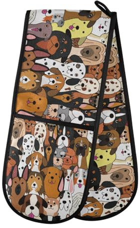 Double Oven Gloves Heat Resistant Animal Funny Dog Double Oven Mitts Pot Holder Heat Protection Oven Gloves for Home Kitchen Baking Cooking BBQ Microwave