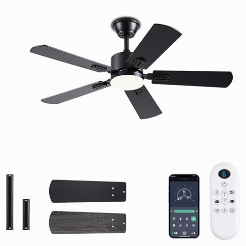 FUMLTP Modern Ceiling Fan 42 Inch with Light Applique Remote Control Reversible Low Profile 6 Speed Ceiling Fan for Indoor Outdoor Patio