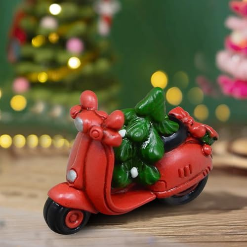 Kaezuy Weihnachtsdeko Vintage Rot Truck Deko, Harz Roten LKW mit Mini Weihnachtsbaum Ornamente Auto Modell, Weihnachts Figuren Geschenk für Tisch Kaminsims Regal Deko (Motorrad)
