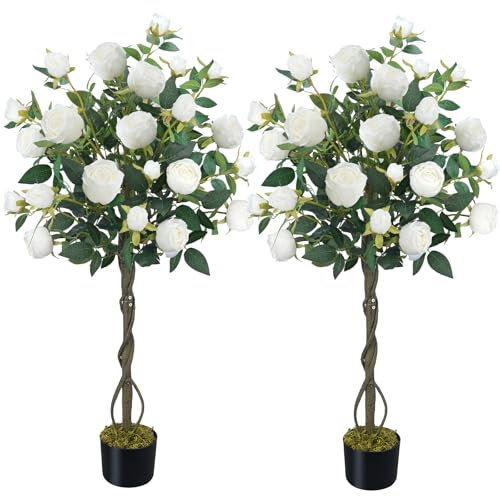 HUAESIN Künstlicher Rosenbaum, 120 cm, künstliche Seidenblumen, hohe künstliche Pflanzen für den Innenbereich, Kunstbaum mit weißen Blumen, künstlicher Übertopf für Zuhause, Wohnzimmer,