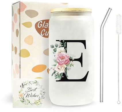 JEKUGOT Tasse de voyage personnalisable avec couvercles et pailles, tasse à café glacé de A à Z, cadeau d'anniversaire pour femme, cadeau d'anniversaire pour mère, amis (E)