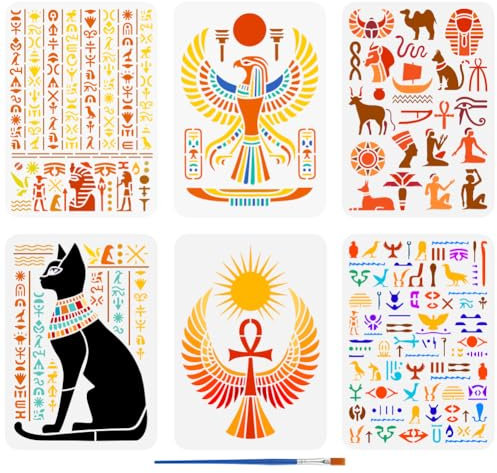 FINGERINSPIRE 6 Malschablone Mit Ägyptischen Symbolen Und 1 Kunststoff Pinseln 21x29.7cm Horus Falken Schablone Anka Flügel Sonnenkatzen Muster Ägyptische Schablone Zum Malen Auf Holz Wänden Möbeln
