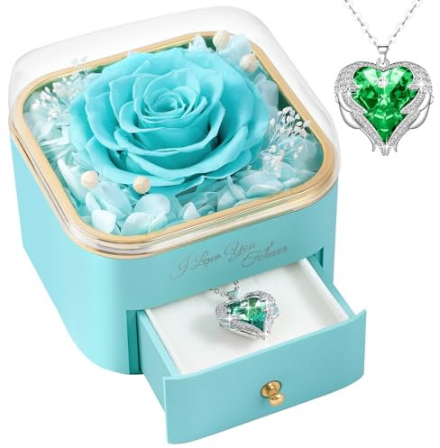 FRFG Rose Eternelle avec Collier Coeur, Roses Préservé avec Bijoux, Cadeau Anniversaire Femme, pour Épouse Maman Idee Cadeau avec Bijoux Fête des Mères Noël - Bleu Clair