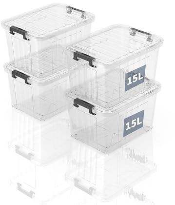 SpaceXpert Plastic Storage Boxes with Lid, Striped Storage Box 15L, Stackable Container for Home Office Accessories, Clear Bins, Polypropylene, Transparent, 15L(Set of 4)