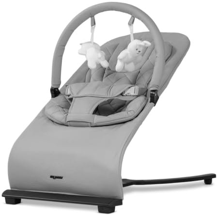 my junior® Motion Bouncer, Ergonomische Babywippe mit Spielbügel, neue Hands-Free-Comfort Technik, 3 Fach-Verstellbar, klappbar, 100% Baumwolle - Elephant Grey