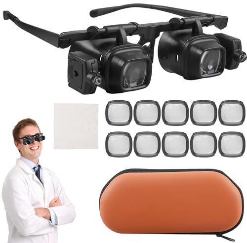 Lupenbrille mit LED-Licht, Hände Frei Kopfband-Leselupe mit Storage Box, Lupenbrille 2 LED-Lichtern, 6 Wechselobjektiv 2X 6X 8X 12X 24X zum Lesen von Basteluhren Reparatur Schmuck