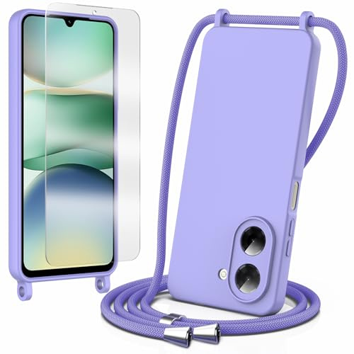 TTSWJBD Coque pour Xiaomi Redmi A5 4G,1 Film de Protection en Verre trempé, avec Cordon, Collier Étui Souple Silicone Liquide avec Tour de Cou Lanière, Réglable,Antichoc Bumper Housse,Violet