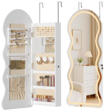 HOOBRO Schmuckschrank, wandmontiert, Spiegelschrank, Schmuck-Organizer, Innenspiegel, Ganzkörperspiegel, mit LED-Beleuchtung, abschließbar, für Ohrringe, Halsketten, Kosmetika, Weiß EWT08CDJC04