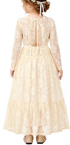 ALLOVIN Abito da Damigella in Pizzo a Maniche Lunghe per Pasqua per Bambine e Ragazze, Matrimonio, Battesimo, Prima Comunione, Maxi Boho Linea A 3-12 Anni