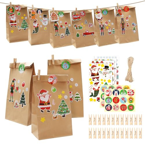 Adventskalender zum Befüllen Kinder und Erwachsene - Tüten Adventskalender zum Befüllen - Weihnachtskalender zum Befüllen mit Aufkleber und Holzklemme