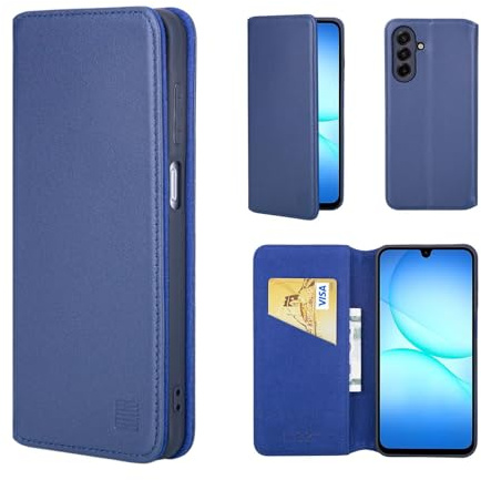 32nd Classic Series 2.0 - Real Leather Book Wallet Flip Case Cover For Samsung Galaxy A17 4G / 5G, With RFID Blocking Card Slot, Magnetic Closure and Built In Stand - Navy Blue