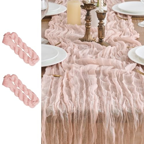 LUKDUNG 2 Stück Tischläufer, Seihtuch Tischläufer, Boho Gaze Stoff Käsetuch, Rustikaler Tischdecke für Hochzeitsdeko Tischdeko, 90 x 300 cm (Pfirsich, 90 x 300 cm, 2 Stück)