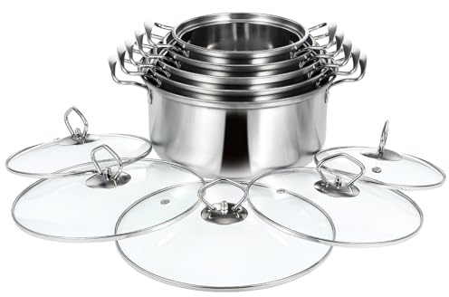 GALPADA Set di Pentole per Zuppa 10pcs in Acciaio Inossidabile con Pentole a Induzione Resistente con Doppi Manici e Coperchi Trasparenti per Cottura e Conservazione