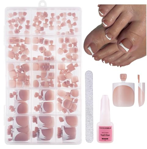 150PCS French Tip Press on Toenails – Short Square Full Cover Stick on False Toe Nail Tips in 15 Sizes — Brown Pink Design Artificial Toenails for Women & Girls DIY Pedicure Nail Art Set