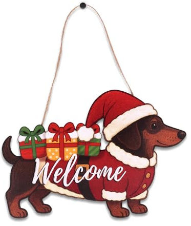 Christmas Dachshund Wooden Sign, Xmas Welcome Sausage Dog Hanging Sign Dachshund Christmas Decoration for Home Decor Dog Lovers