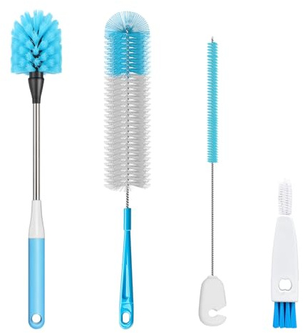 4-in-1 Bottle Brush, 16 Inches Stainless Steel Bottle Cleaner Brush with Long Handle Narrow Neck Bottle Brush, Straw Brush & Lid Brushe for Cleaning Wine Glasses,Coffee Mugs,Tumblers,Wine Decanters