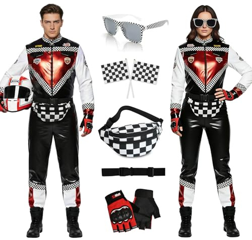 YANSYUN Rennfahrer Kostüm Herren Damen, Rennfahrer Anzug Overall Jumpsuit für Erwachsene, Erwachsene Racer Komplettset mit Handschuhen Sonnenbrille Karierte Flagge Bauchtasche Gürtel für Karneval (M)
