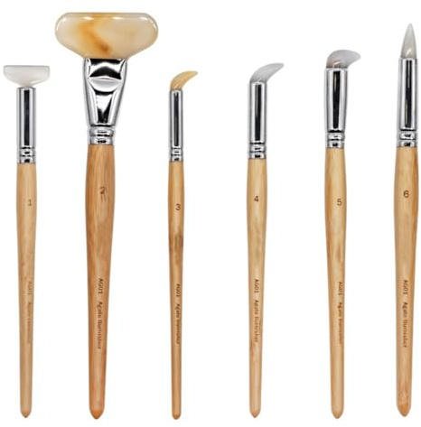 Agate Polishing Pen Set(6 Pcs),Jewelry Polishing Knife,Bamboo Handle,Flat,Angled,and Round Grinding Heads,Gold Silver Platinum Surfacedri Tool,for Carving Precious Metal