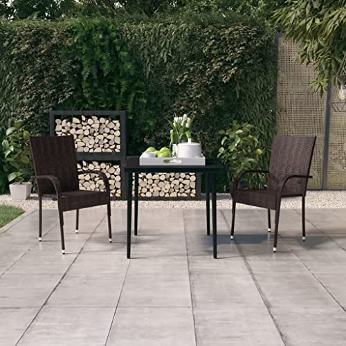 JHQHSM 3-TLG. Garten-Essgruppe Braun und Schwarz aus pulverbeschichtetem Stahl mit PE-Rattan und Glastischplatte für Terrasse und Balkon