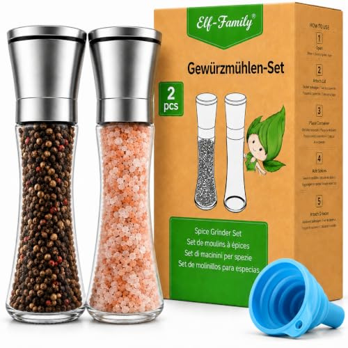 Elf-Family Saliera e Pepiera Set 2 Pezzi Macina Sale e Pepe Manuale | Macinapepe in Vetro e Acciaio Inox con Nucleo in Ceramica Regolabile | Macinino per Sale Grosso, Caffè e Spezie | 200 ml 19,2 cm