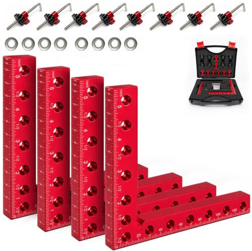 Juego de 4 abrazaderas esquina 90°140mm carpintería bricolaje | Aluminio alta resist, anod nano, antióxido, doble escala 3 caras, 13 agujeros, chaflán CNC