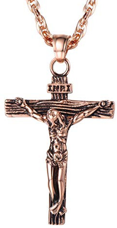 PROSTEEL Collana Pendente Crocifisso Cindolo di Croce Gesù INRI Cristo, Placcato Oro Rosa, Catena Regolabile, Gioiello Cristiano Religioso, Rosa (Confezione Regalo)