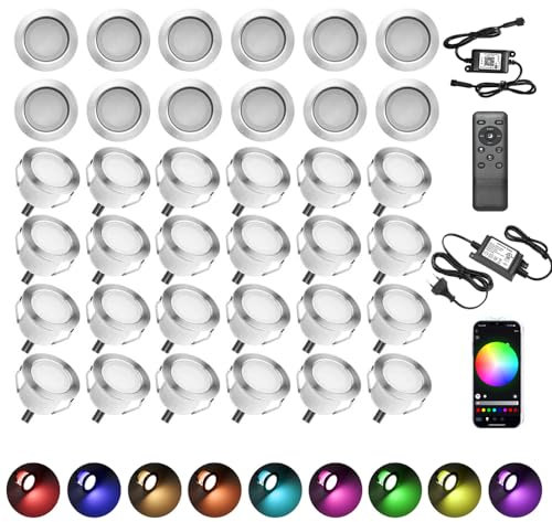 INDARUN WLAN Bodenstrahler Außen 30er Set, RGB+WarmesWeiß, Kompatibel mit Alexa,Google Home, LED Bodeneinbaustrahler Aussen, IP67 Wasserdicht, DC12V, Ø45mm, Terrassenbeleuchtung, Bodenleuchten Auße