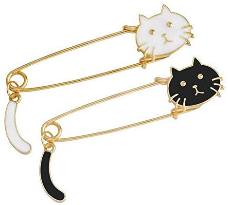 Lot 2 pcs broche doré chat blanc et noir style épingle à nourrice.