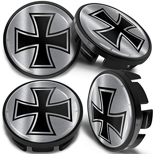 SkinoEu Compatible avec Cache-Moyeu VW 65mm Capuchons de Centre Enjoliveurs de Roué Jante Voiture Noir Argent Croix de Fer CVZ 9