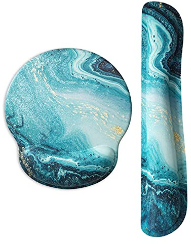 ITNRSIIET Gaming Mouse Mat with Wrist Support, Wrist Support Keyboard and Mouse Pad with Wrist Rest Set, Ergonomic Mousepad Smooth Waterproof Lycra Surface, Non Slip PU Base, Blue Marble Gold