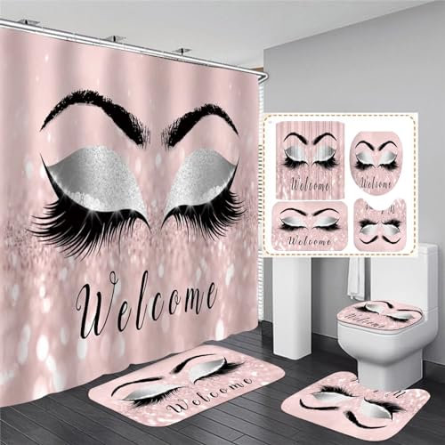 AZHM 4PCS Eyelash Shower Curtain Set Hello Gorgeous Bathroom Decor Set Pink Rose Gold Waterproof Bathroom Curtains Shower Set with Rugs and Accessories