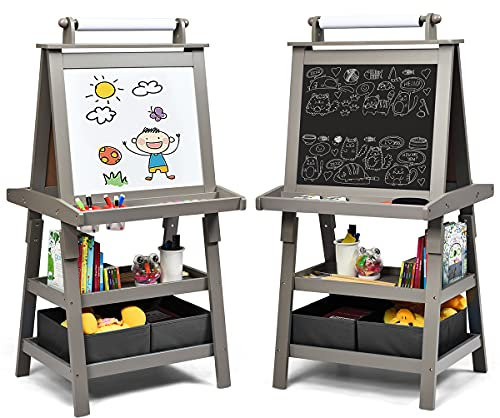 COSTWAY 3 en 1 Tableau Enfants Double Face avec Rouleau de Papier, Chevalet Enfants avec 2 Etagères et 2 Boîtes de Rangement, Structure Triangulaire, Jouet de Dessin pour Enfants de 3 Ans+